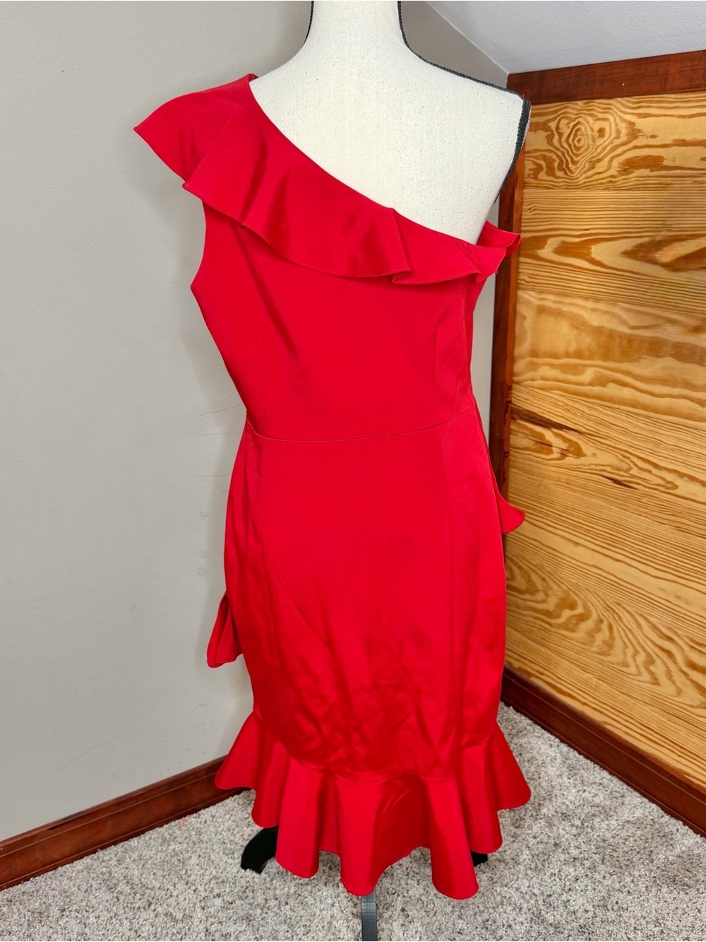Marchesa Notte One Shoulder Tiered Ruffle Mini Dress Red 12 Designer Cocktail - Picture 3 of 11